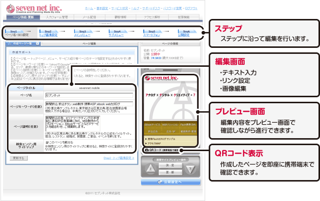 管理画面の説明。ステップ:ステップに沿って編集を行います。編集画面:・テキスト入力・リンク設定・画像編集。プレビュー画面:編集内容をプレビュー画面で確認しながら進行できます。QRコード表示:作成したページを即座に携帯端末で確認できます